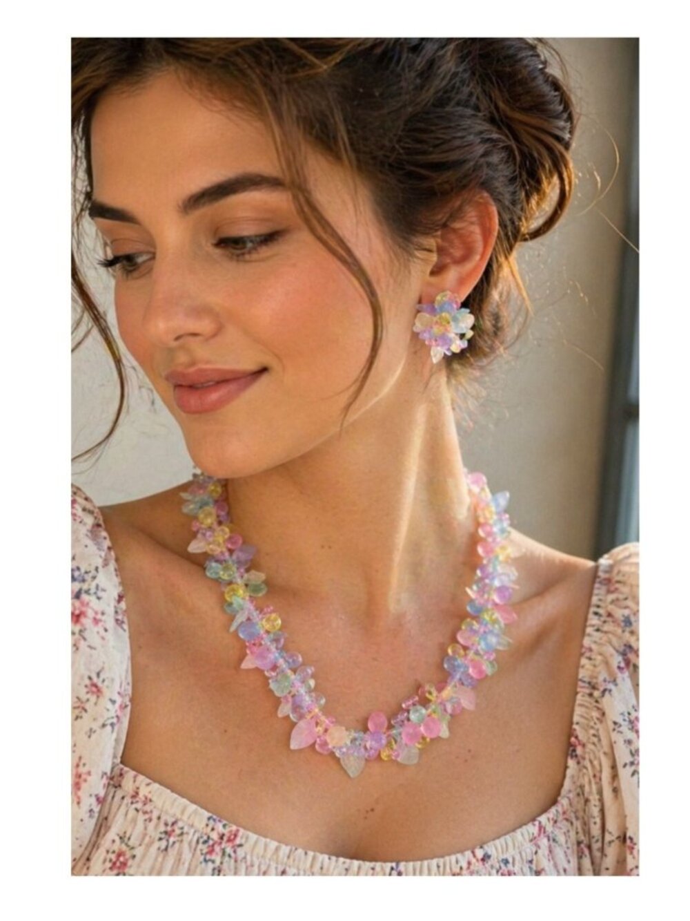 Vintage 60's Floral Frosted Pastel Floral Fruit Salad Lucite 3D Necklace Earring